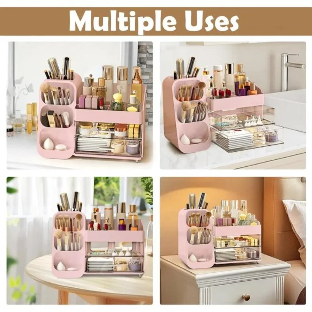 New Large Makeup Organizer, Vanity Storage with Brush Holder & Drawers for Women